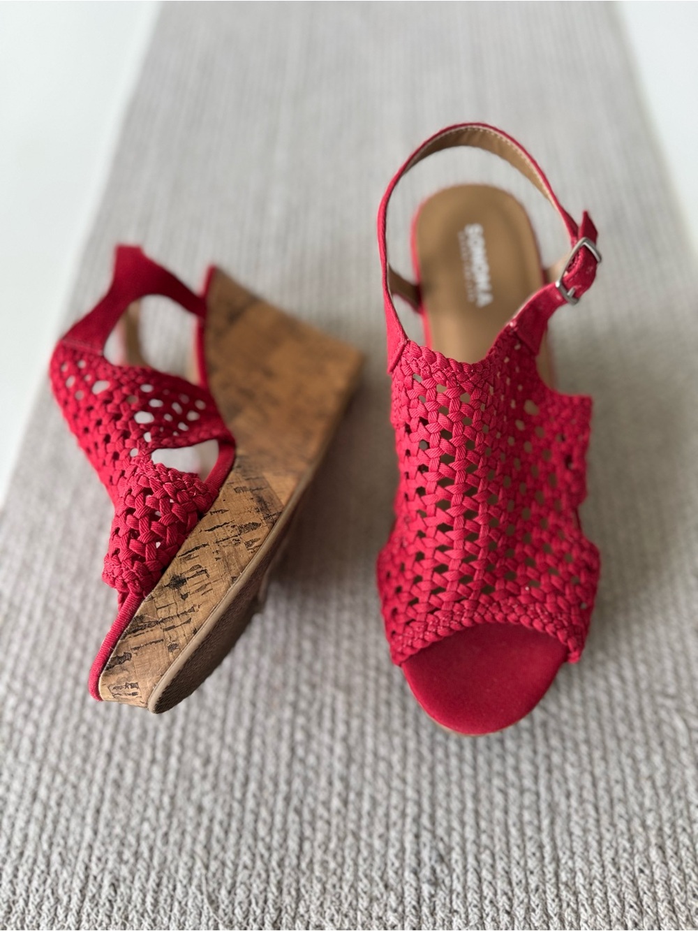 Sonoma Red Woven Crochet Cork Wedge Ankle Strap Platform Sandals Size 7.5